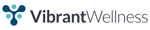 Vibrant Wellness logo featuring a stylized abstract figure with blue and teal circular shapes, accompanied by the brand name 'Vibrant Wellness' in modern sans-serif font.